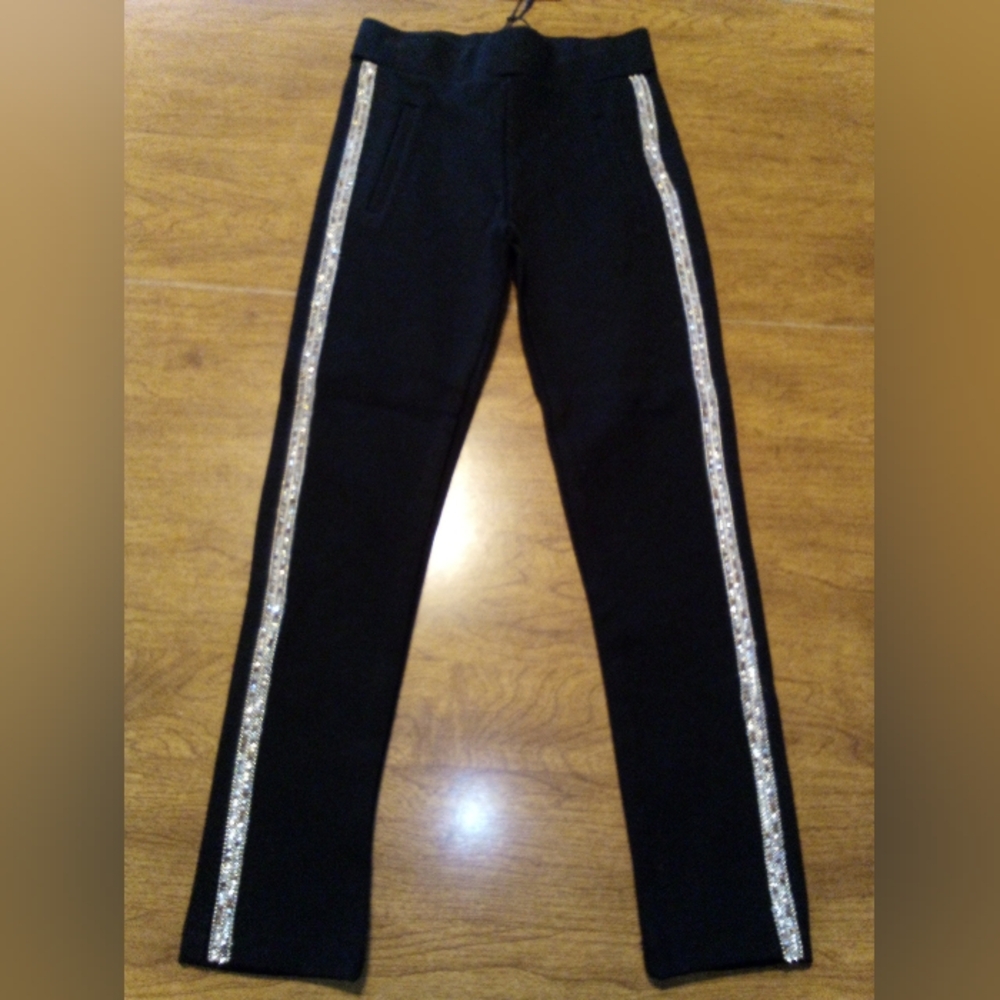 Zara Kids Black Stretch Leggings Side Stripe Rhinestones Size 6 NWT